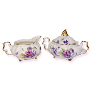 VTG Royal Sealy Japan • Miniature Creamer & Sugar Bowl • Embossed Violet Bouquet